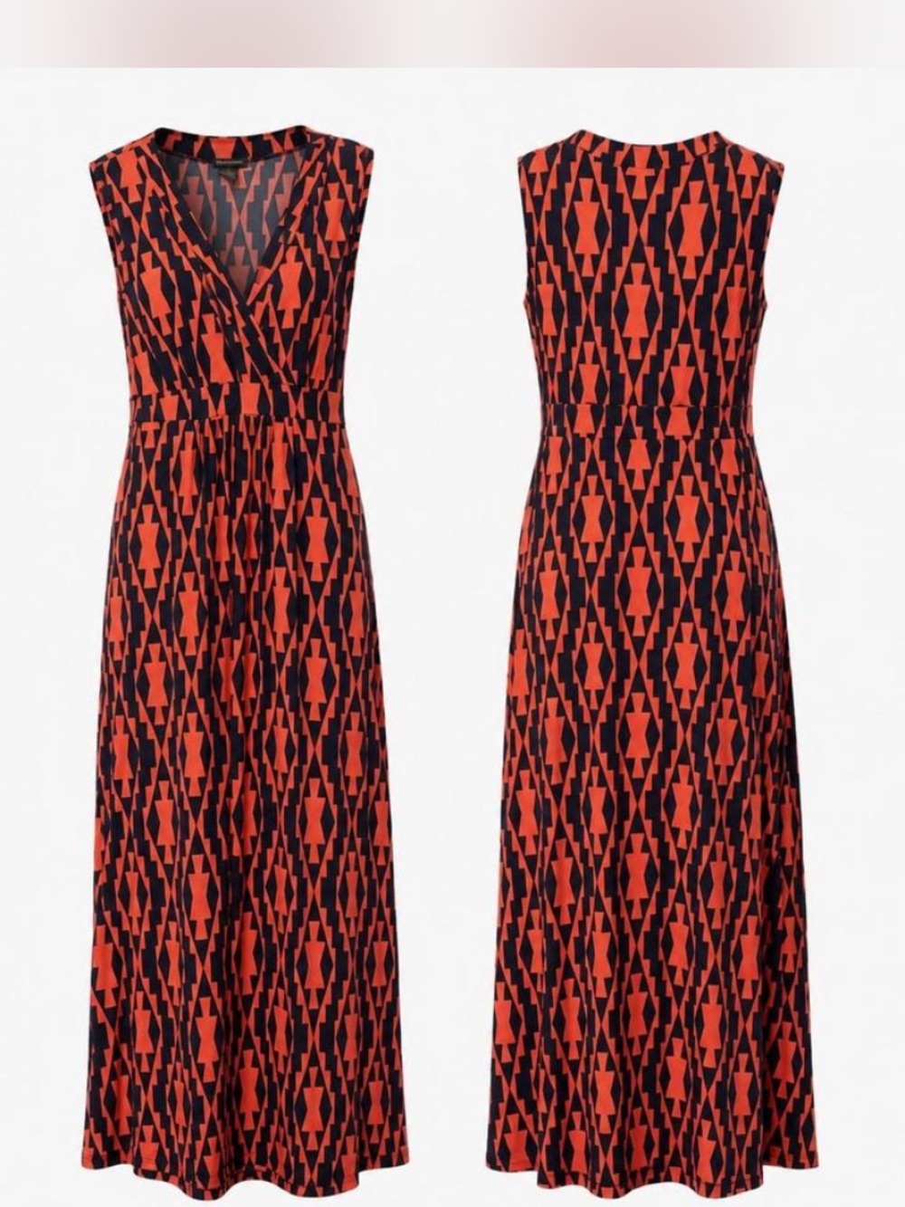 Susan Lawrence Geometric Print Faux Wrap Maxi Dress Coral Navy Size Small